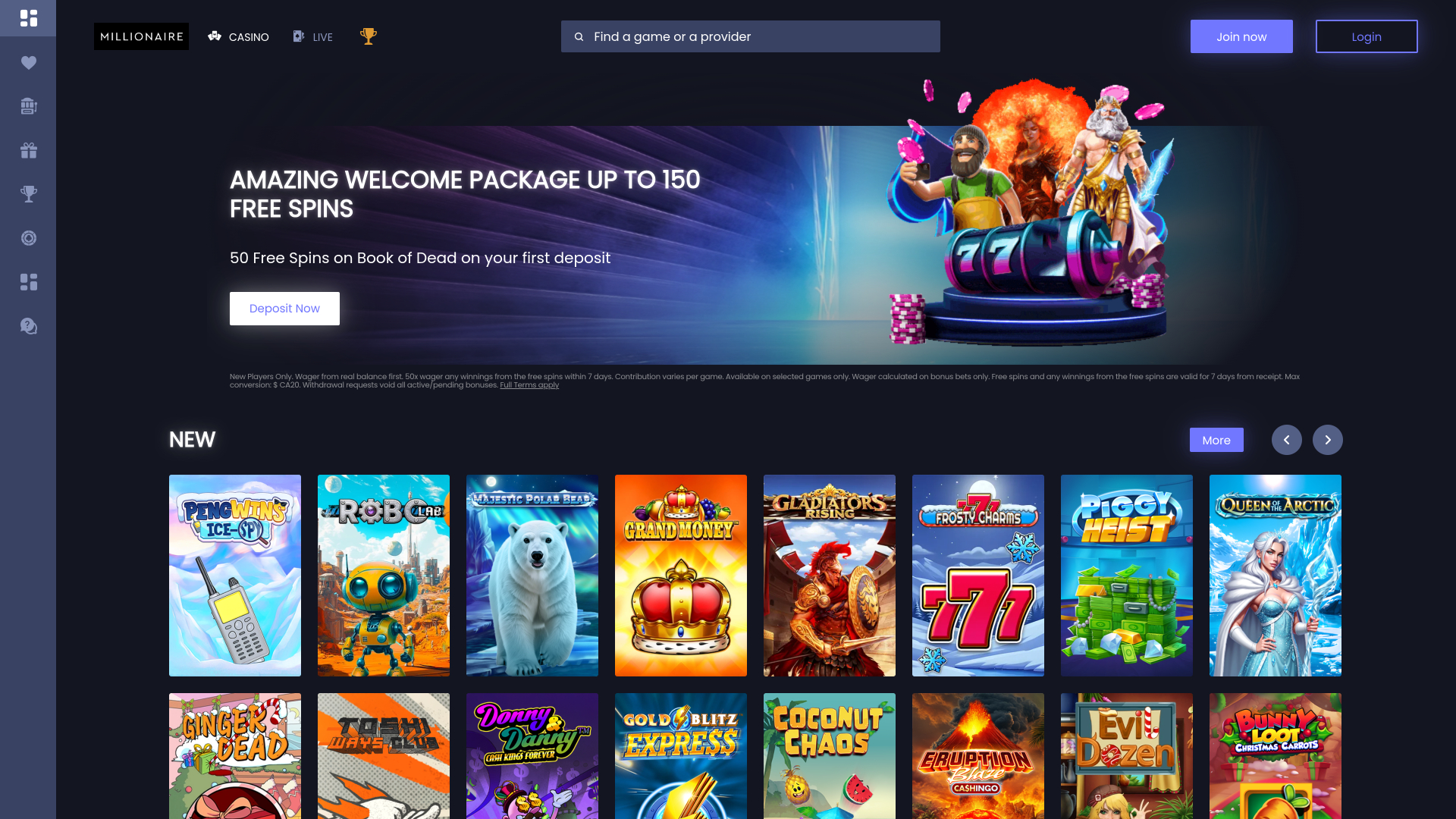 Página de inicio de Millionaire Casino para escritorio