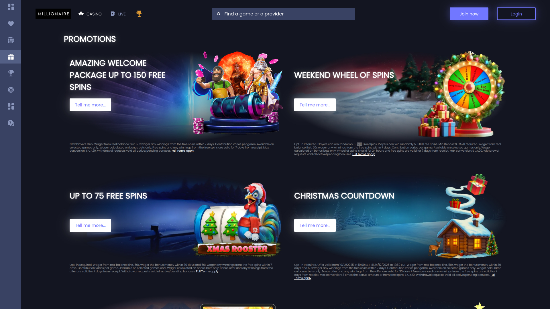 Promociones de escritorio de Millionaire Casino