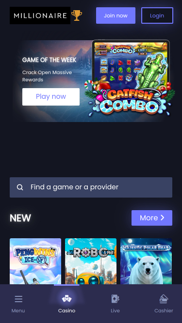 Página de inicio móvil de Millionaire Casino