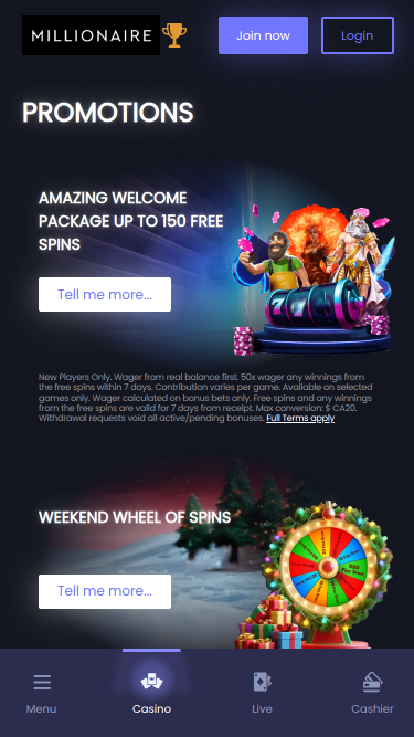 Promociones móviles de Millionaire Casino