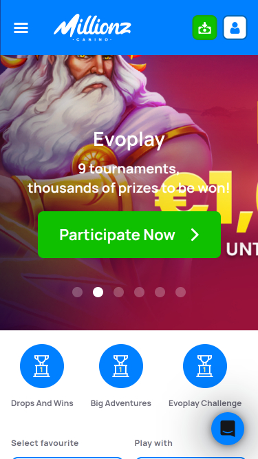 Millionz Casino Mobile Homepage