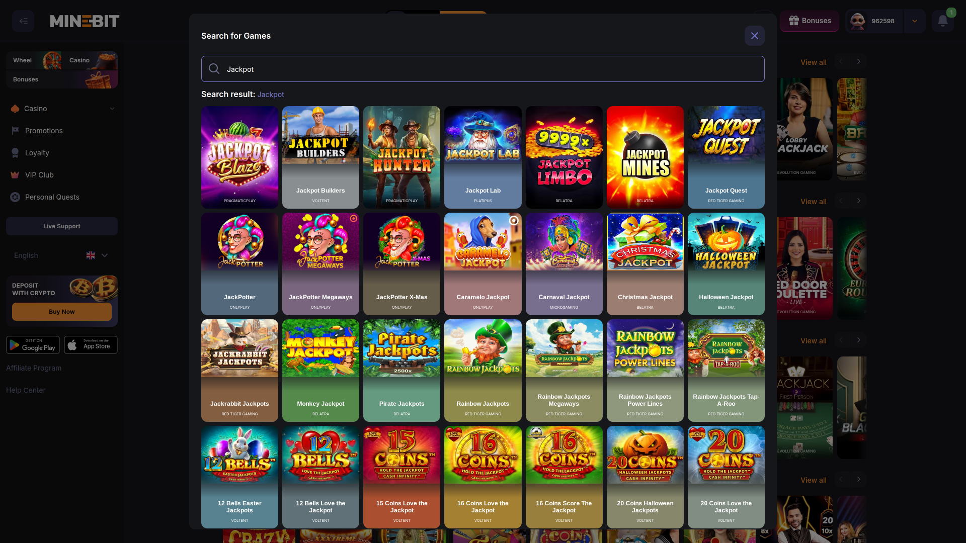 Jackpot du casino Minebit sur ordinateur