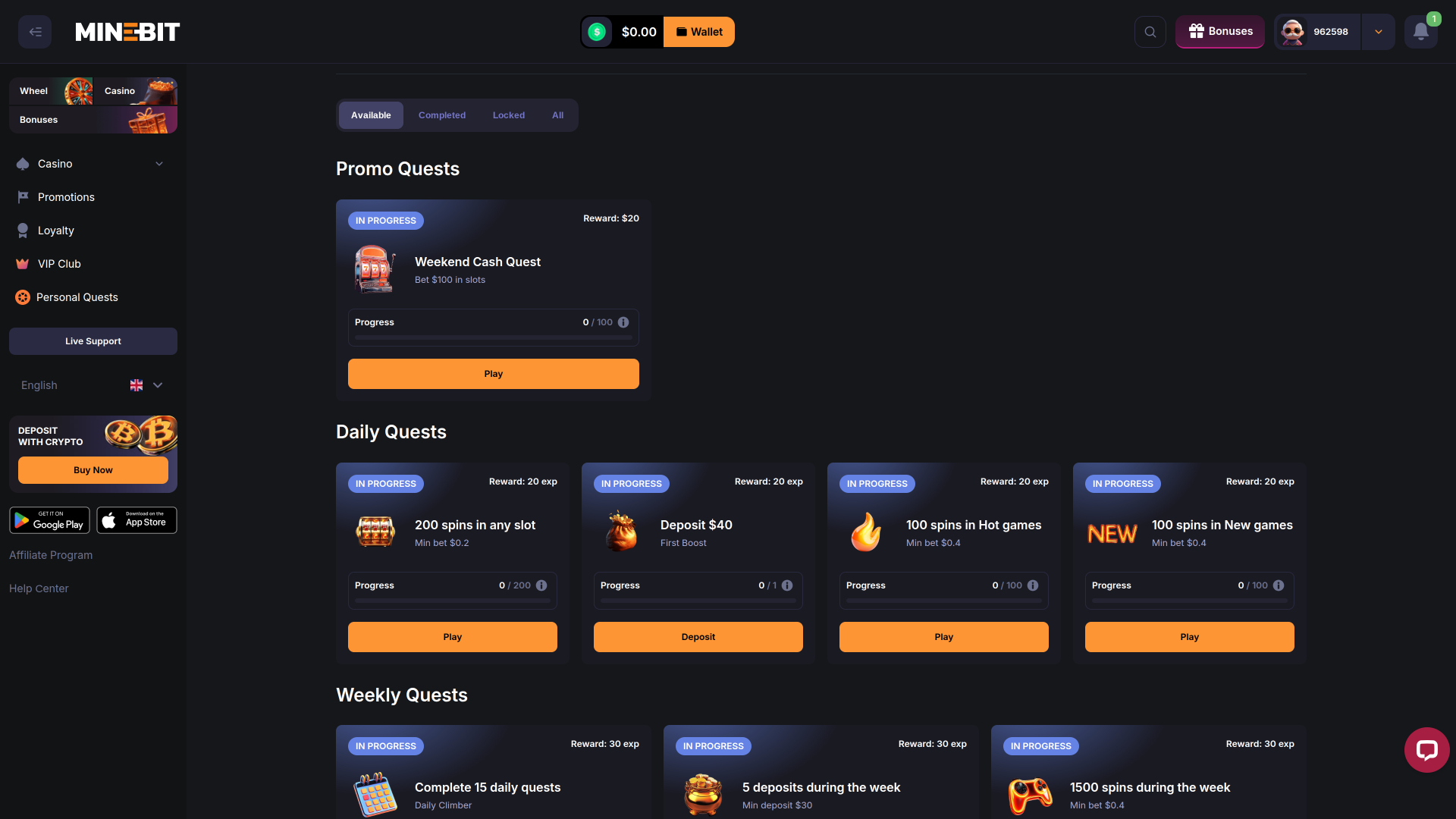 Quêtes personnelles de bureau au casino Minebit