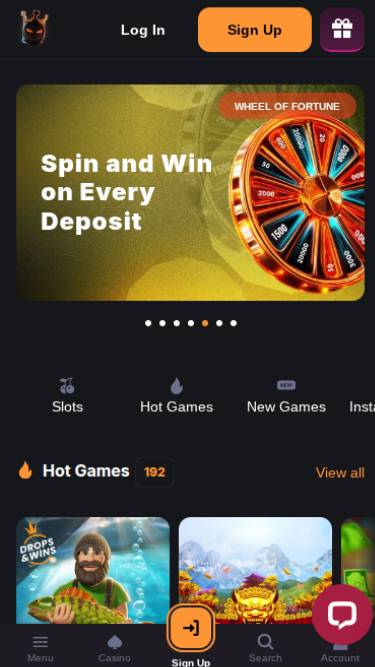 Page d'accueil mobile du casino Minebit