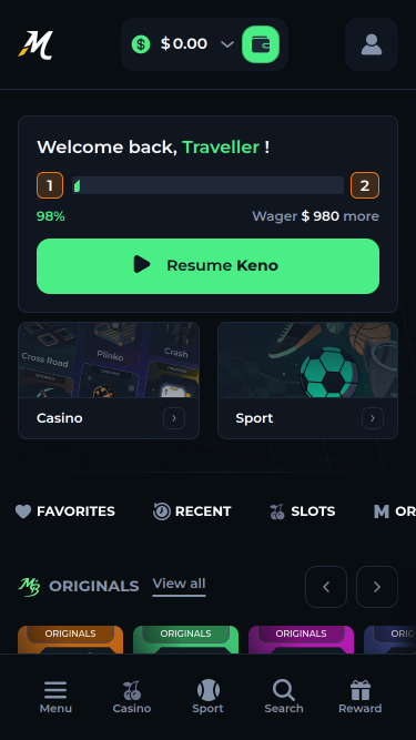 Página de inicio móvil del casino Minebit
