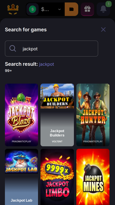 Page d'accueil mobile du casino Minebit