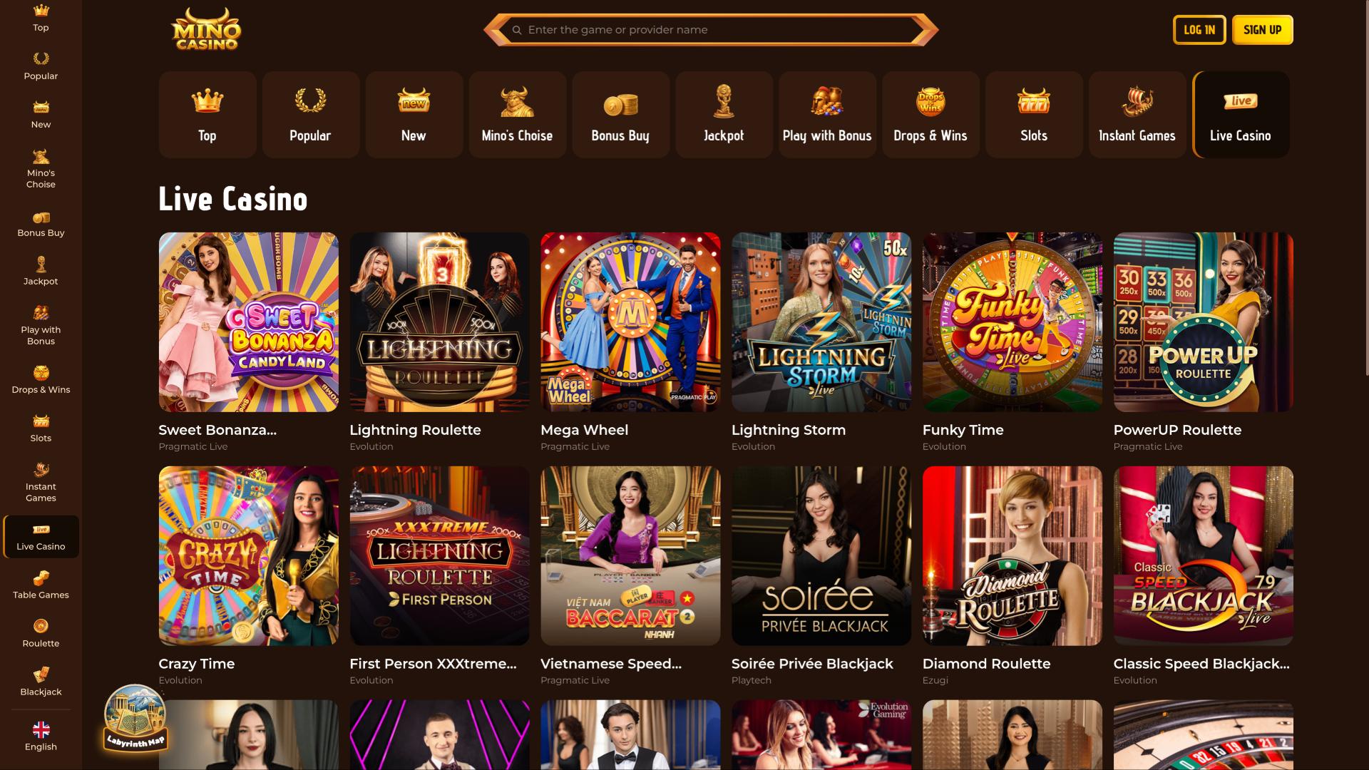 Página de crupier en vivo de Mino Casino