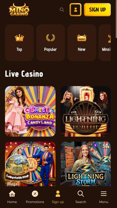 Página móvil del casino Mino con crupier en vivo