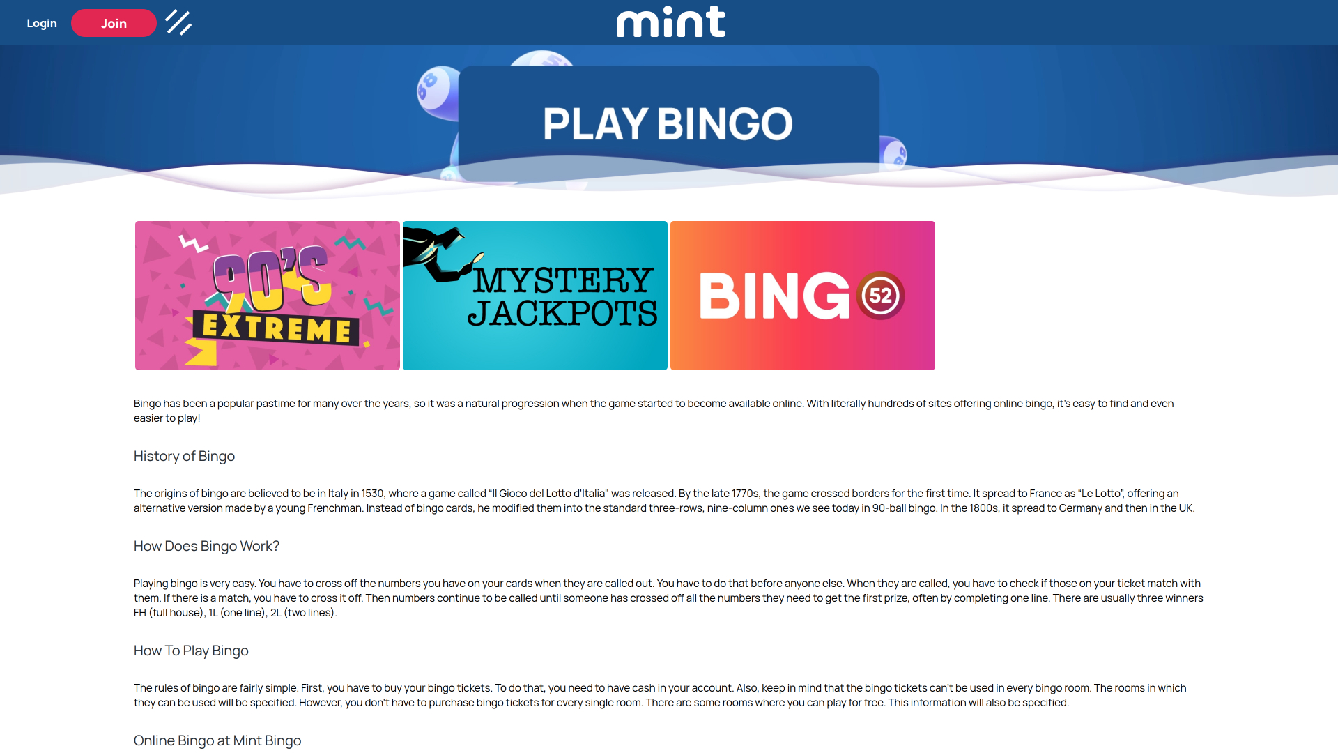 Mint Bingo Casino Desktop Bingo