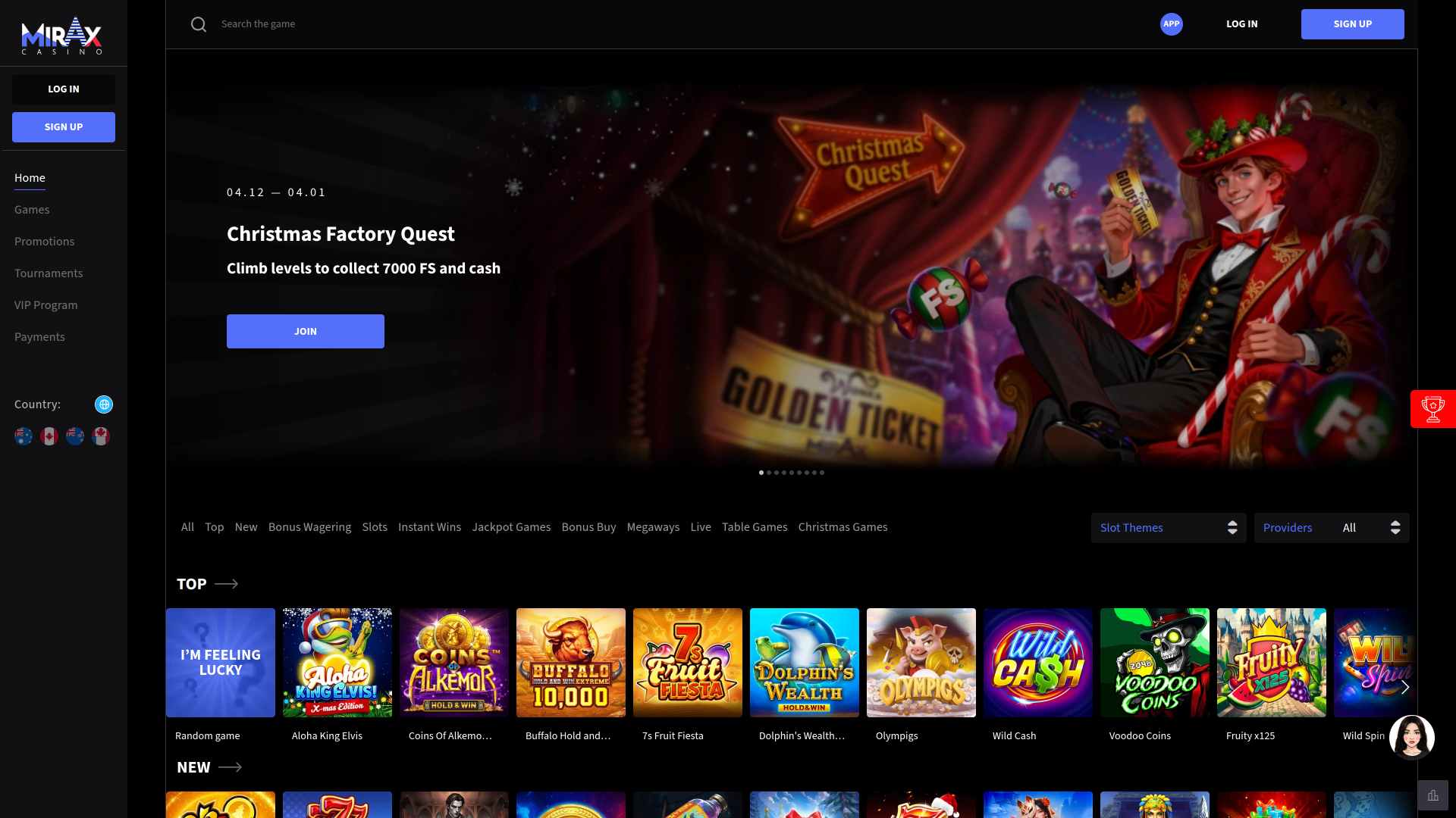 Page d'accueil du casino Mirax pour ordinateur