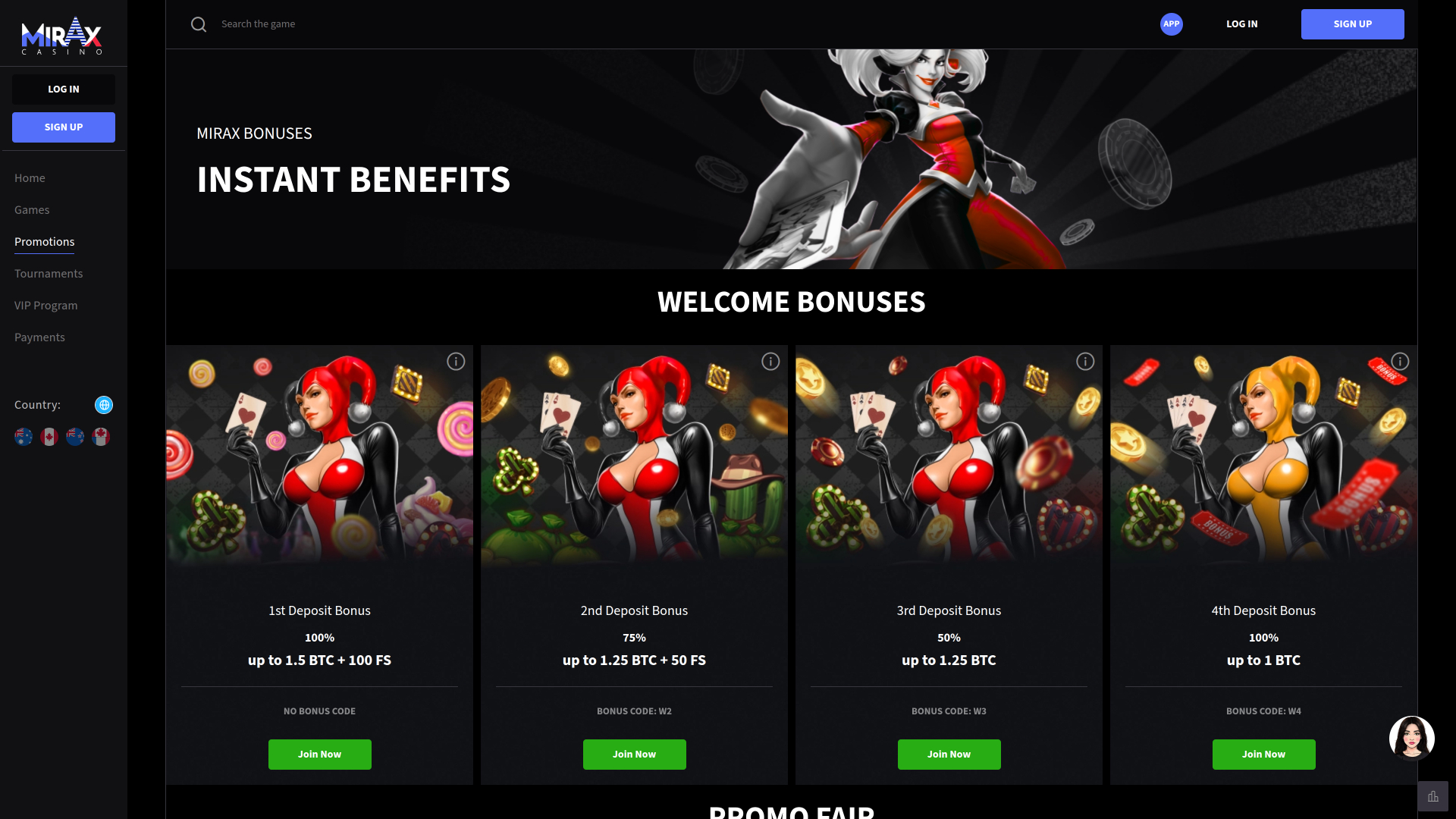 Promotions pour ordinateur de bureau du casino Mirax