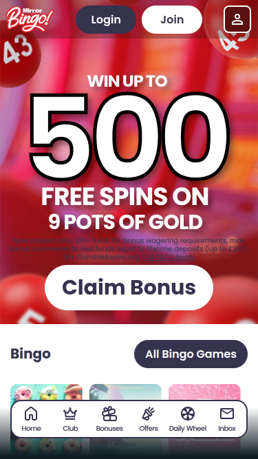 Pagina iniziale mobile di Mirror Bingo Casino