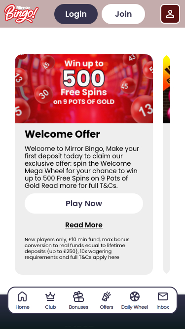 Promozioni per dispositivi mobili di Mirror Bingo Casino