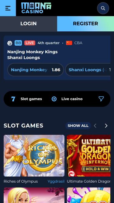Page d'accueil mobile du casino Moana