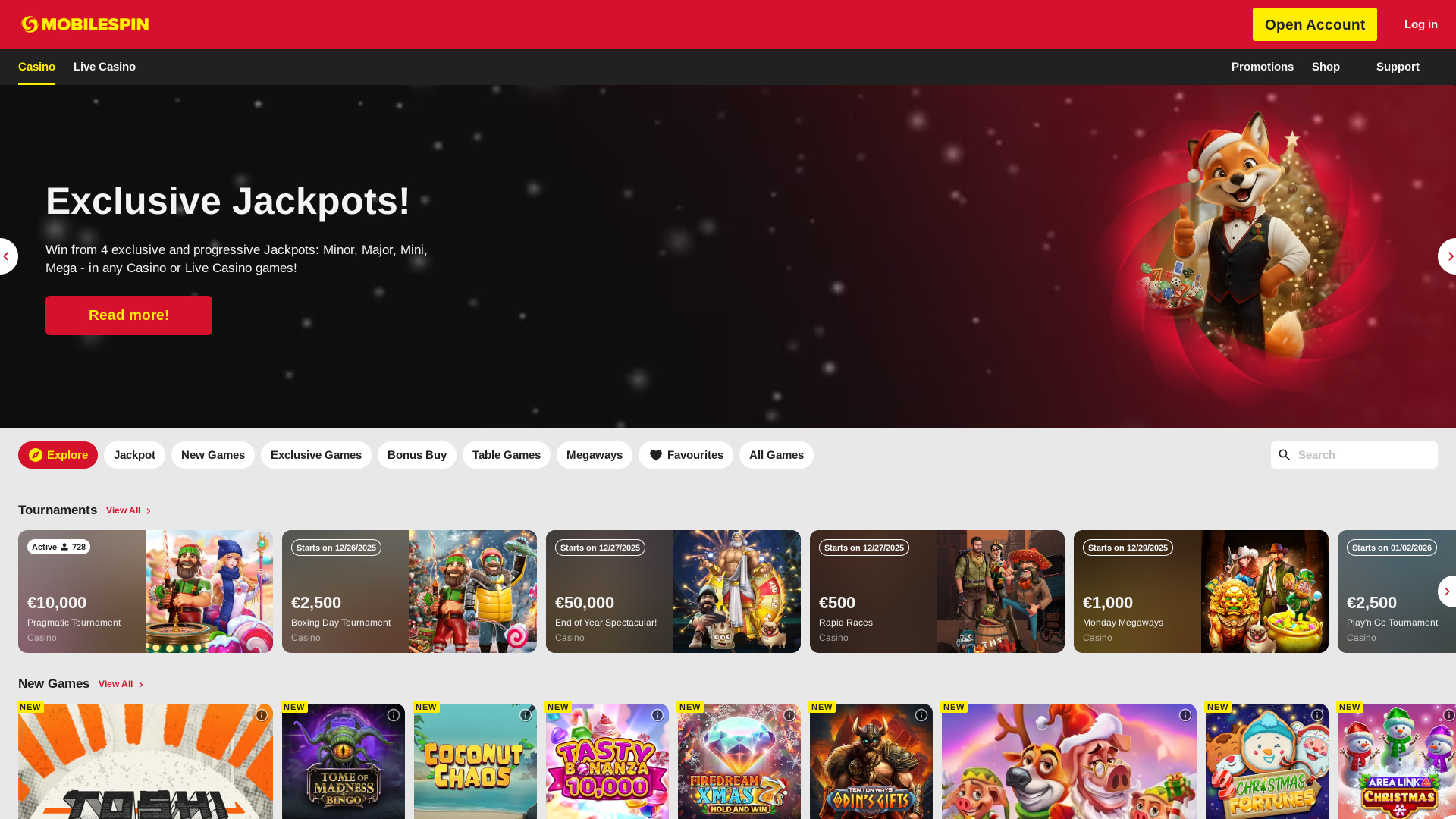 Homepage desktop di MobileSpin Casino