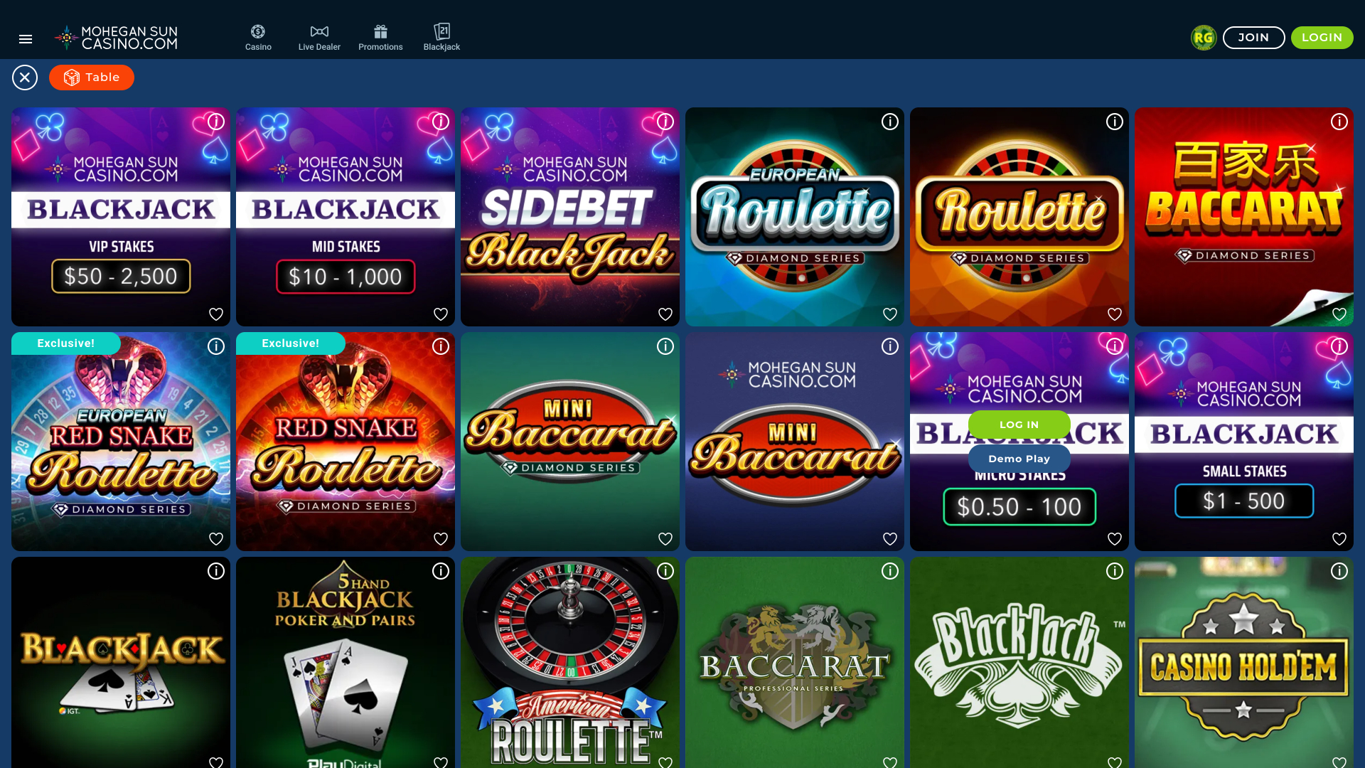 Jeux de table sur ordinateur du casino Mohegan Sun