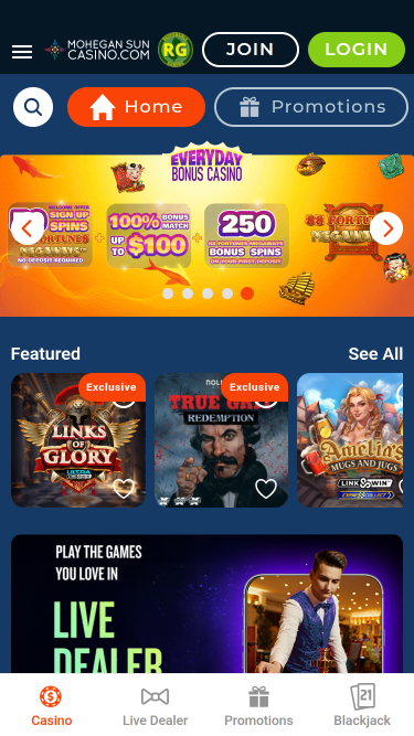 Page d'accueil mobile du casino Mohegan Sun