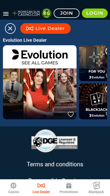 Casino mobile Mohegan Sun avec croupier en direct