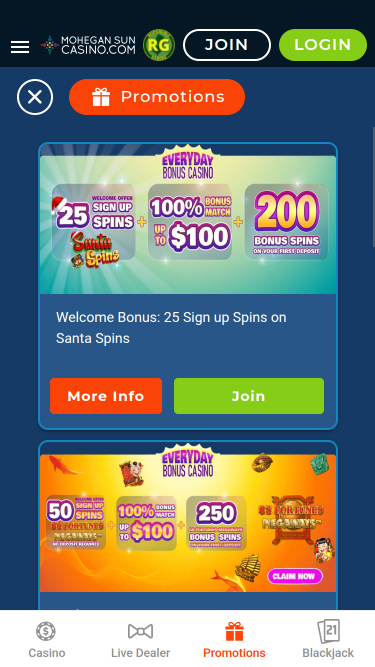 Promotions mobiles du casino Mohegan Sun