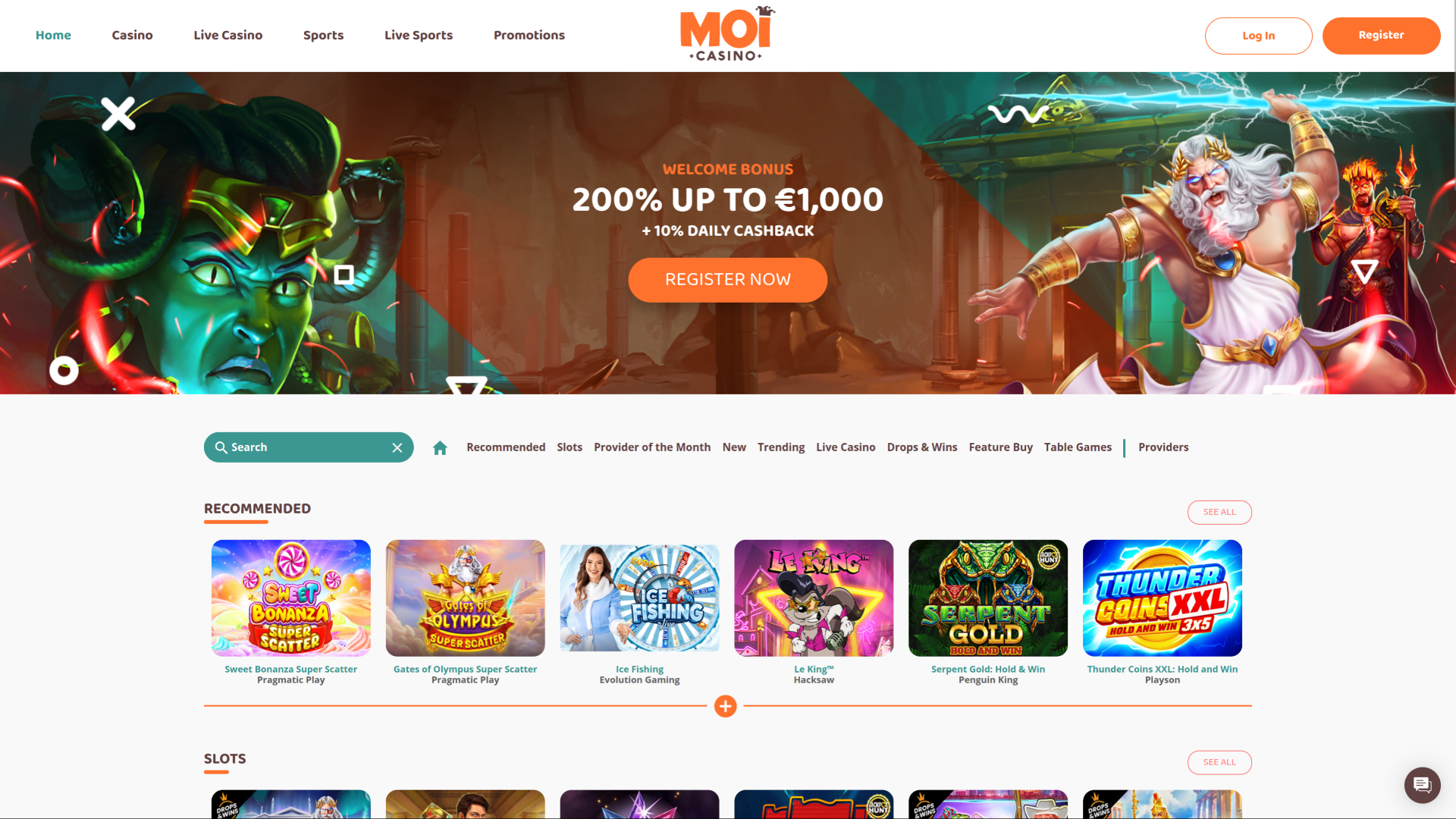 Page d'accueil de Moi Casino sur ordinateur