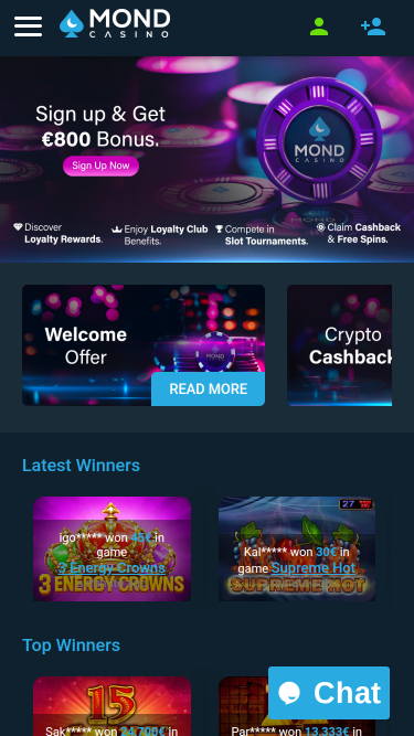 Page d'accueil mobile du casino Mond