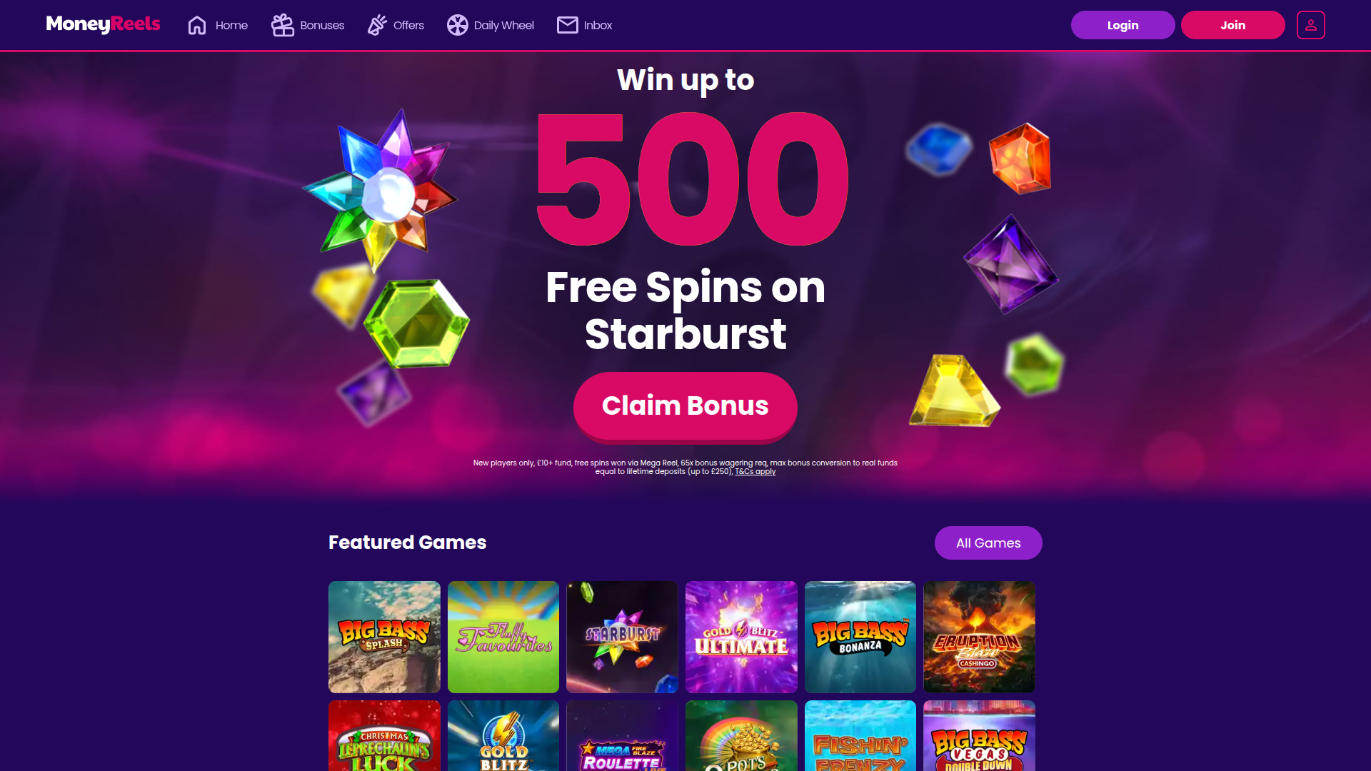 Page d'accueil du casino Money Reels pour ordinateur