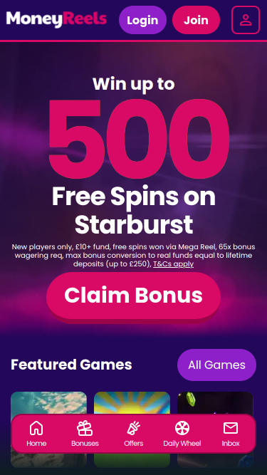 Page d'accueil mobile du casino Money Reels