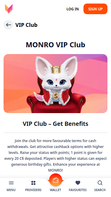 Programa VIP móvil de Monro Casino