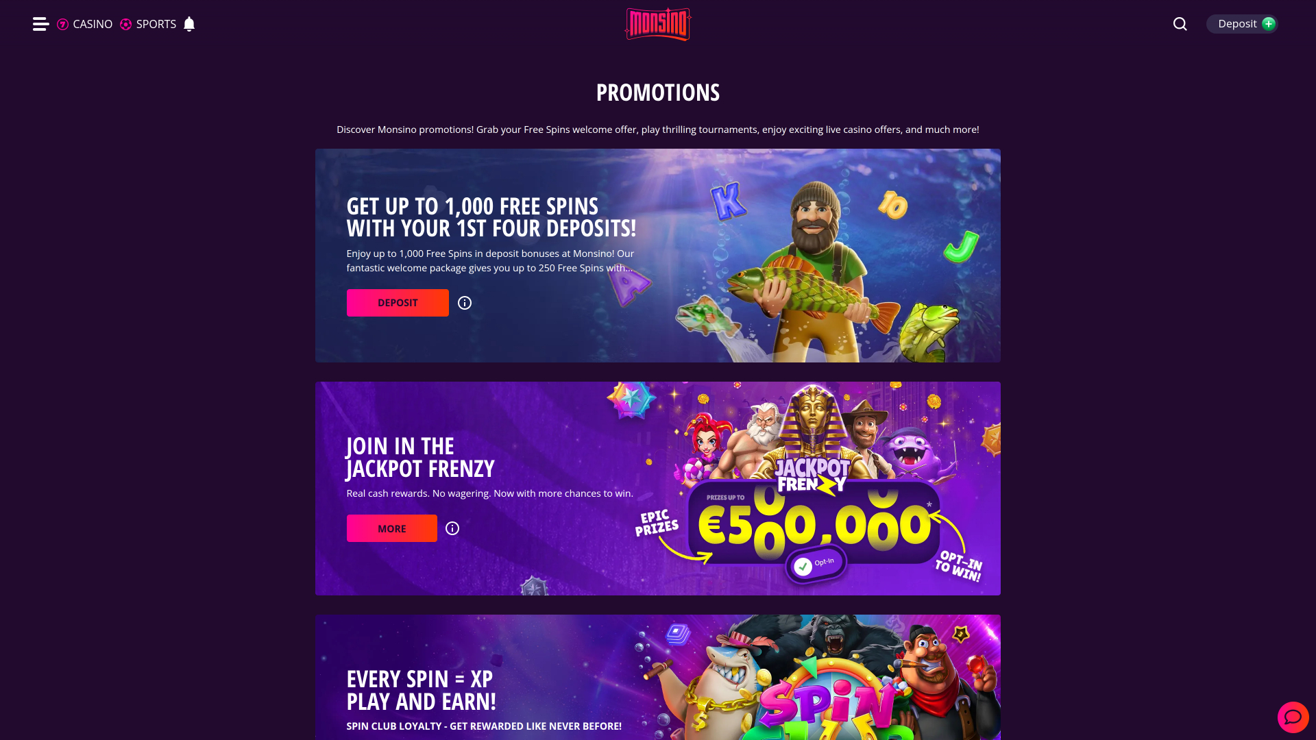 Promotions sur ordinateur de bureau du casino Monsino