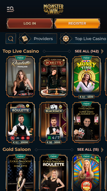 Casino mobile Monster Win avec croupier en direct