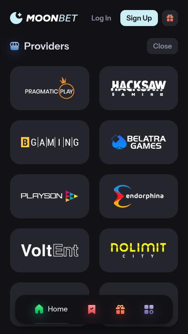 Pagina mobile degli sviluppatori di giochi del casinò MoonBet