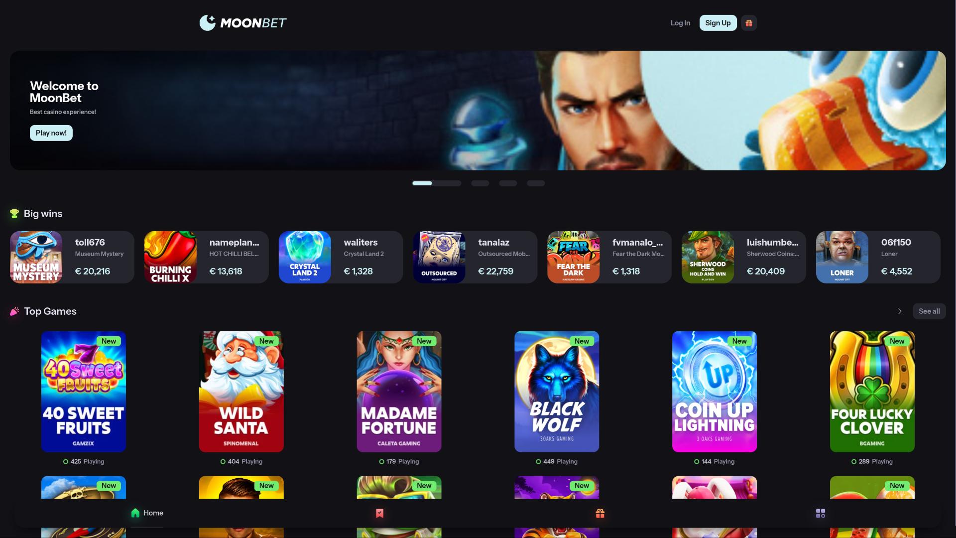 Homepage del casinò MoonBet