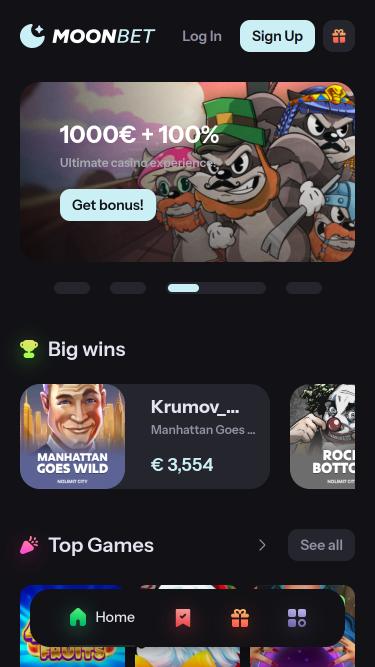 Homepage mobile del casinò MoonBet