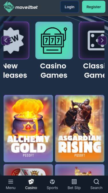 Screenshot della pagina mobile dei giochi del casinò Move2bet