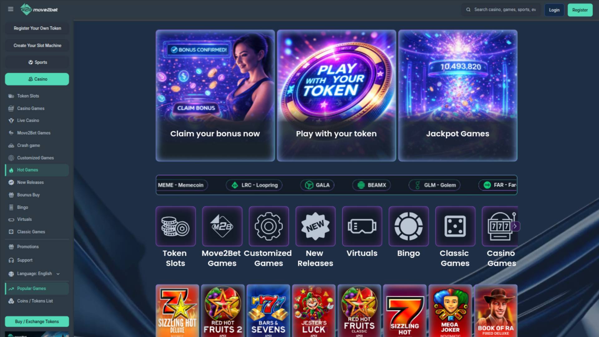 Screenshot della homepage del casinò Move2bet