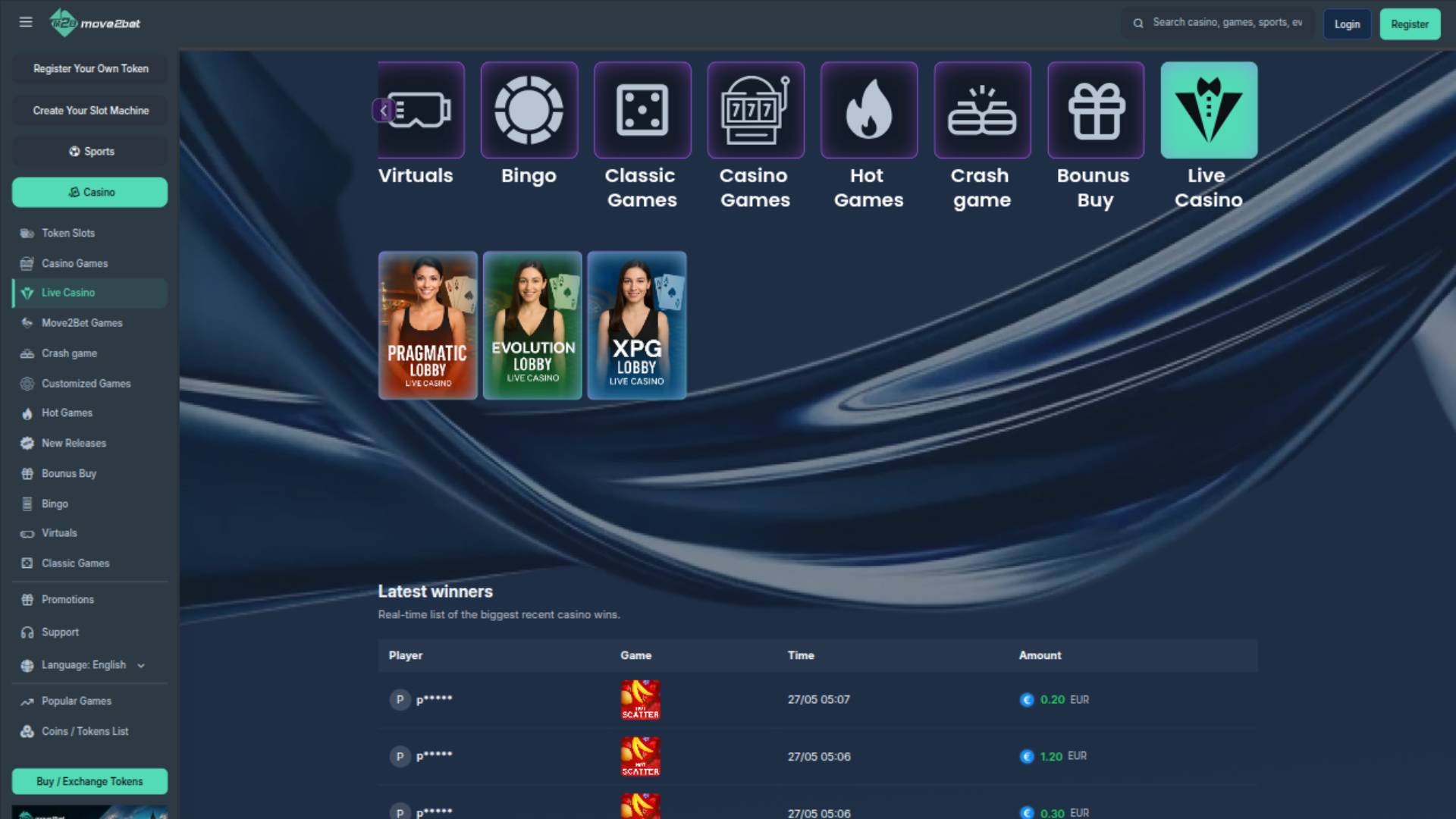 Screenshot in diretta della pagina del casinò Move2bet