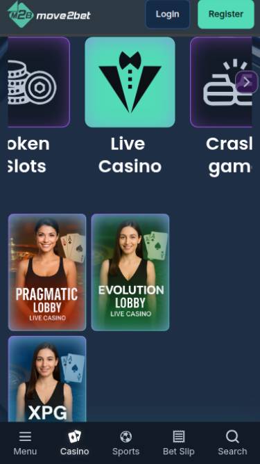 Screenshot in diretta della pagina mobile di Move2bet Casino