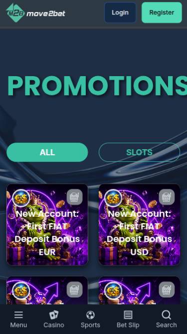 Screenshot della pagina mobile delle promozioni del casinò Move2bet