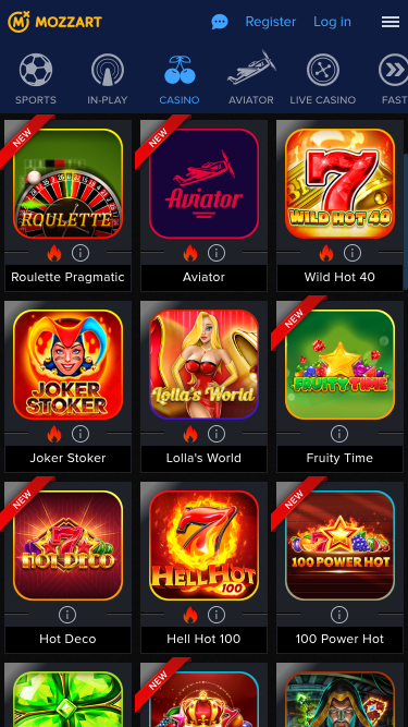Jeux mobiles de casino Mozzart