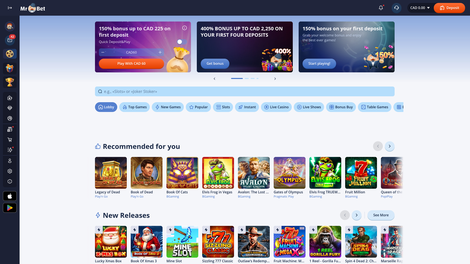 Homepage desktop del casinò Mr Bet