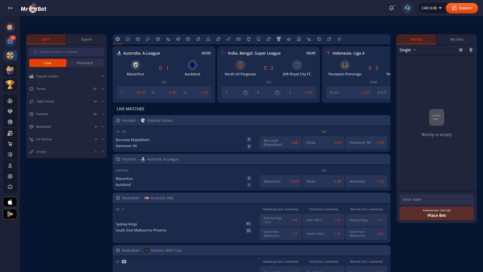 Scommesse live sul desktop del casinò Mr Bet
