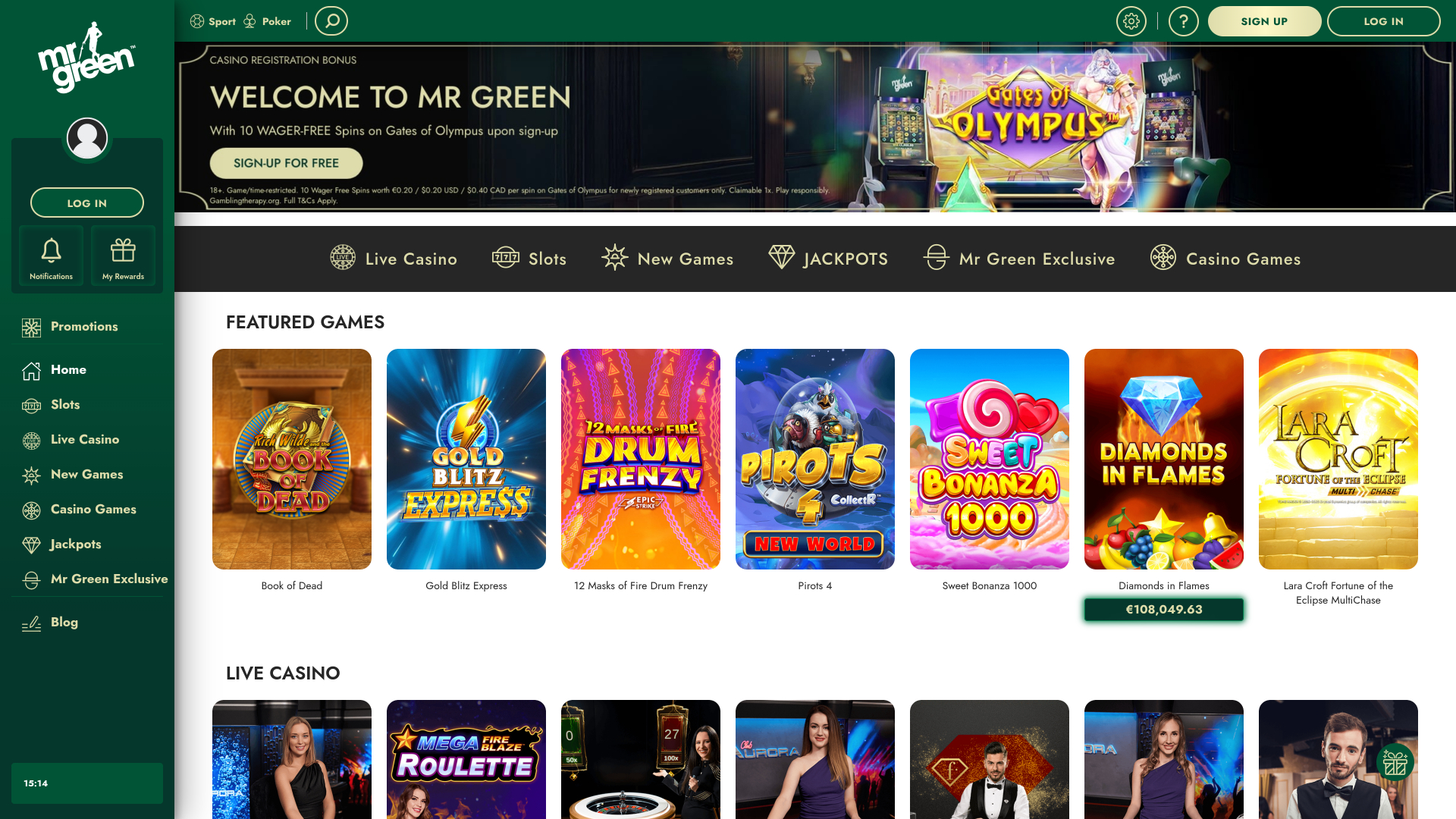 Mr Green Casino Desktop-Startseite
