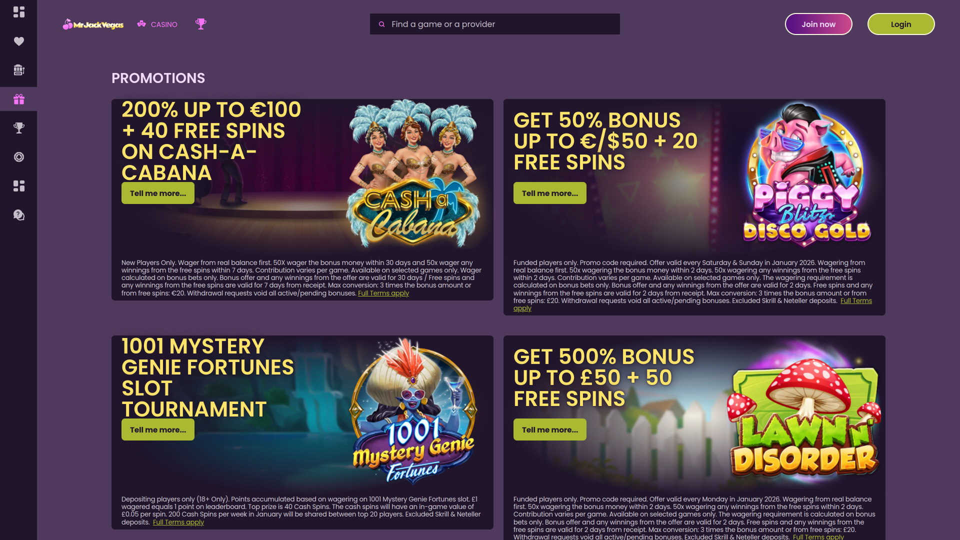 Promotions sur ordinateur du casino Mr Jack Vegas