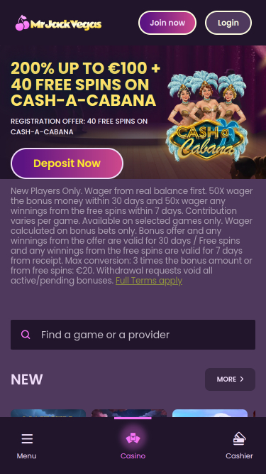 Page d'accueil mobile du casino Mr Jack Vegas