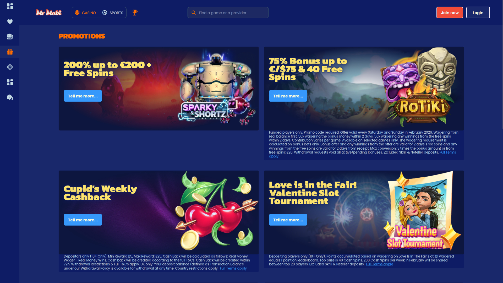 Promotions pour ordinateur de bureau du casino Mr Mobi