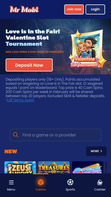 Page d'accueil mobile de Mr Mobi Casino