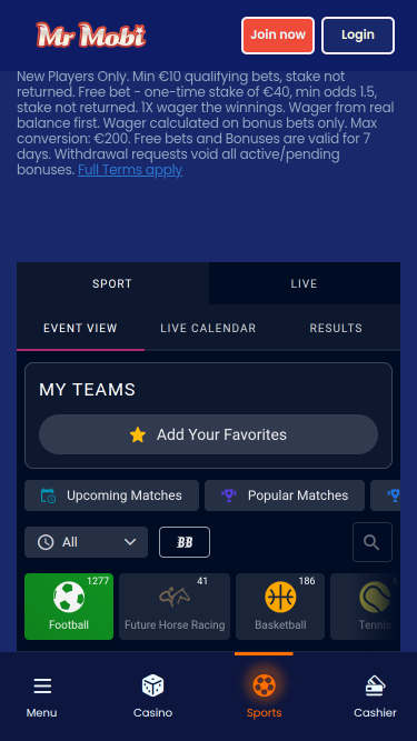 Pari sportif mobile du casino Mr Mobi