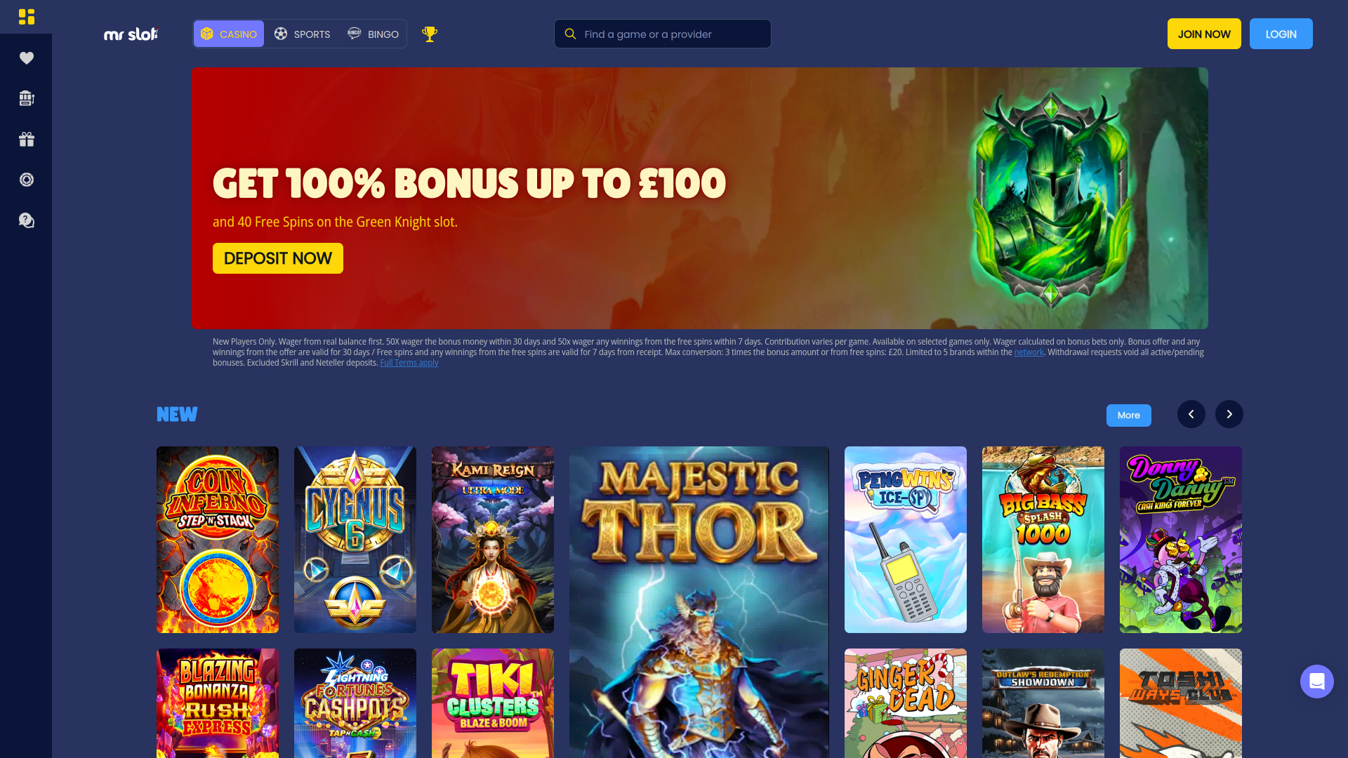 Page d'accueil du casino Mr Slot pour ordinateur