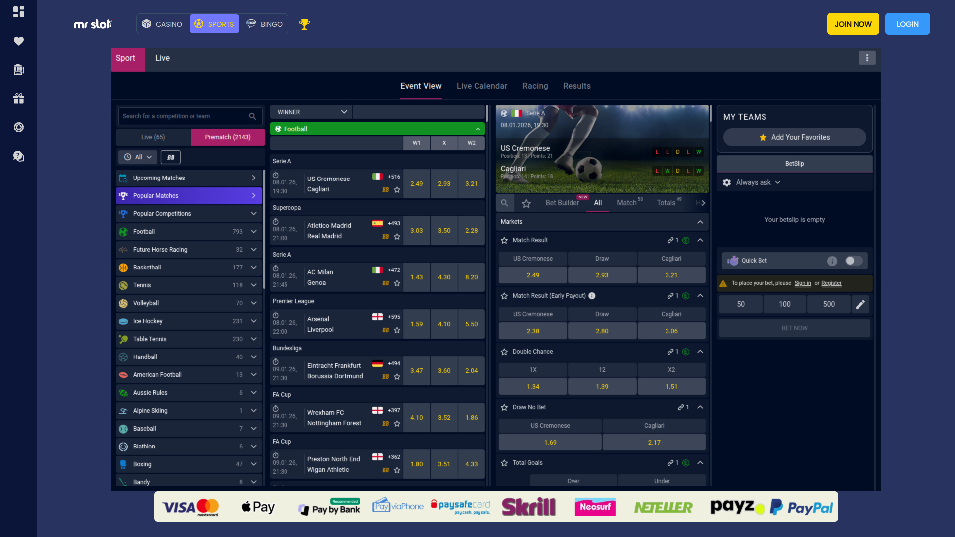 Pari sportif sur ordinateur du casino Mr Slot