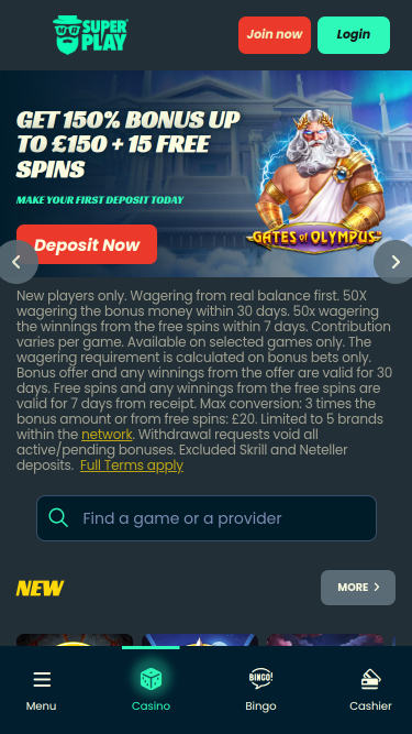 Page d'accueil mobile du casino Mr SuperPlay